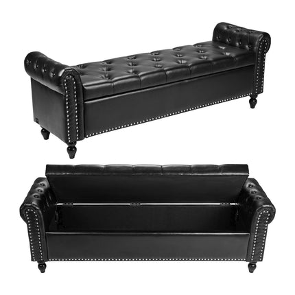 Storage Ottoman Bench, Button-Tufted PU Leather, Black