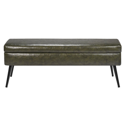 Storage Ottoman Bench, Green PU Leather, Metal Legs, 47 Inch