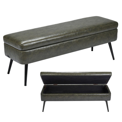 Storage Ottoman Bench, Green PU Leather, Metal Legs, 47 Inch