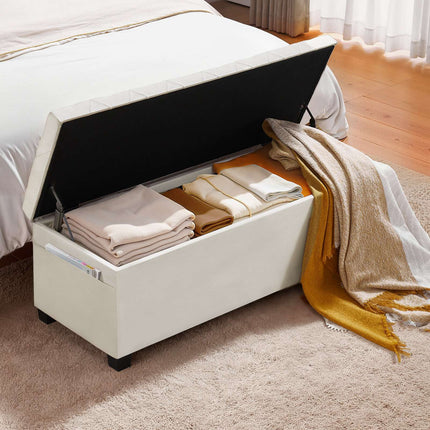 Storage Ottoman Bench, Tufted Flip-Top, Side Pockets, Beige