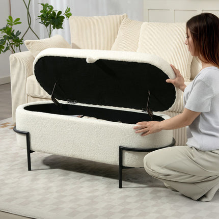 Storage Ottoman, Cream Fleece, Steel Legs