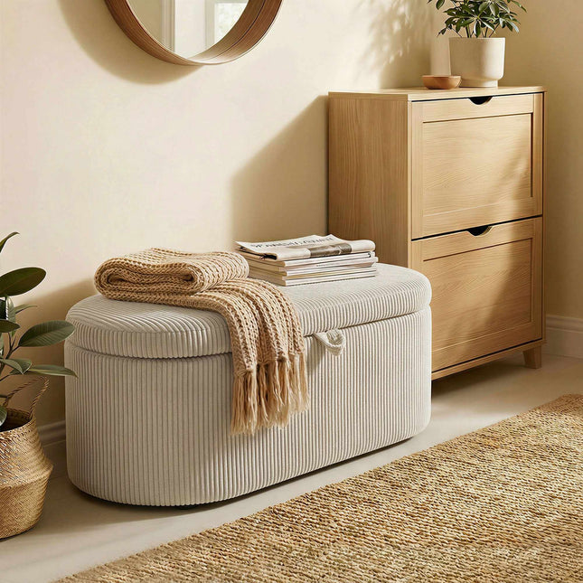 Storage Ottoman with Cord Upholstery, 105 x 51 x 49 cm, Beige
