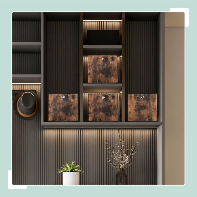 Storage box in fabric with a wooden look, 6-pack