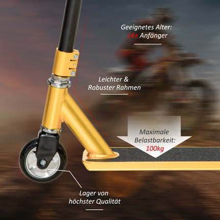 Kick Stunt Scooter, 360° Steering, Rubber Grip, Gold