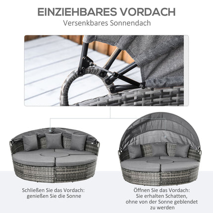 Rattan lounge set with canopy, cushions and table, grey