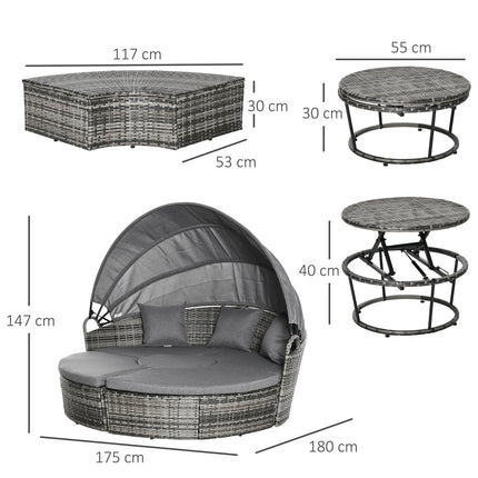 Rattan lounge set with canopy, cushions and table, grey