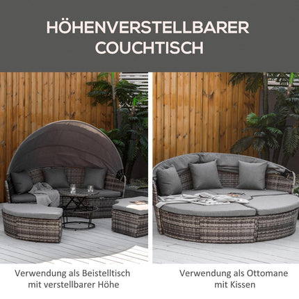 Rattan lounge set with canopy, cushions and table, grey