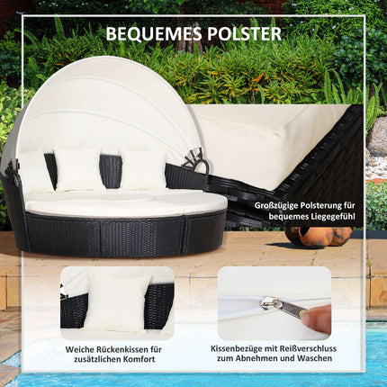 Seat set in rattan with sunshade, cushions and table
