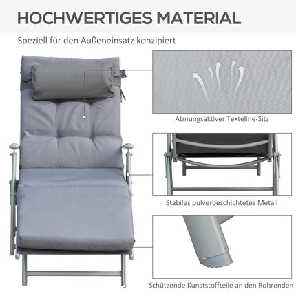 Adjustable gray sun lounger with cushion, folding metal