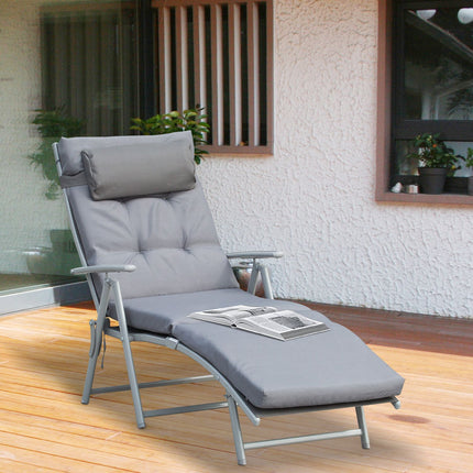 Adjustable gray sun lounger with cushion, folding metal