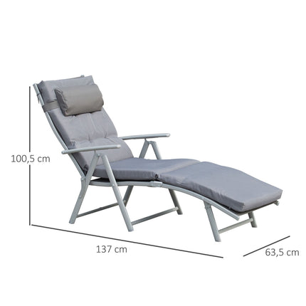 Adjustable gray sun lounger with cushion, folding metal
