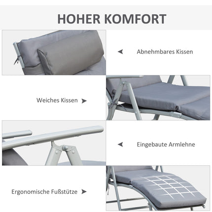 Adjustable gray sun lounger with cushion, folding metal