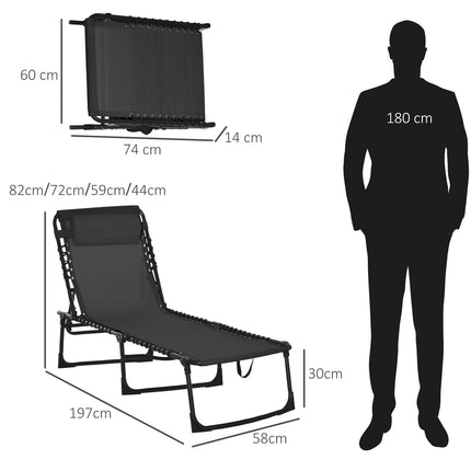 Adjustable sun lounger, folding steel frame - black