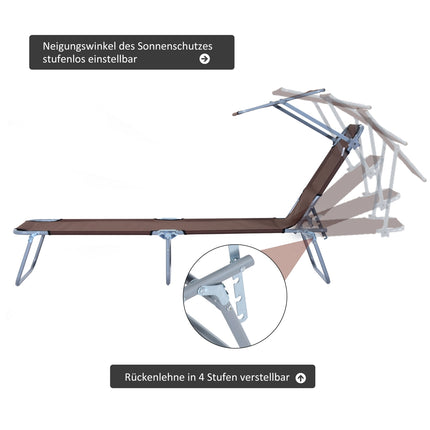 Folding deckchair with sunshade, brown, 187x58x36 cm