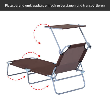 Folding deckchair with sunshade, brown, 187x58x36 cm