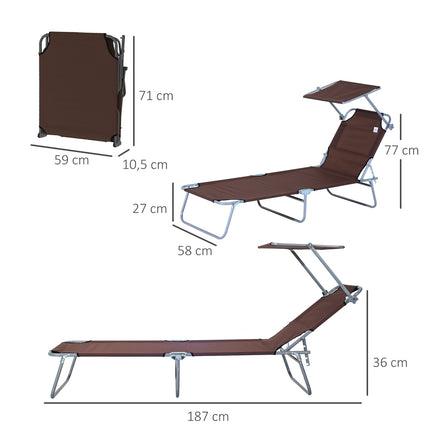 Folding deckchair with sunshade, brown, 187x58x36 cm