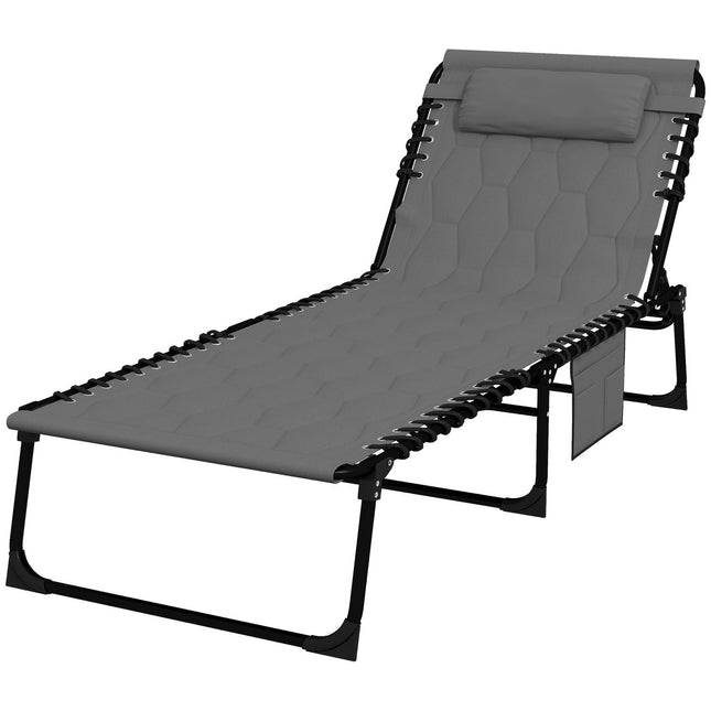 Folding sun lounger, adjustable backrest, cushion, grey