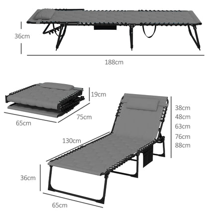 Folding sun lounger, adjustable backrest, cushion, grey
