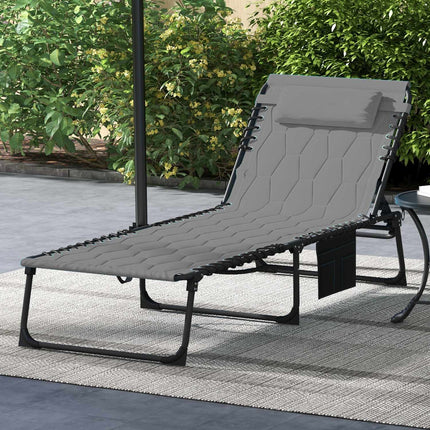 Folding sun lounger, adjustable backrest, cushion, grey