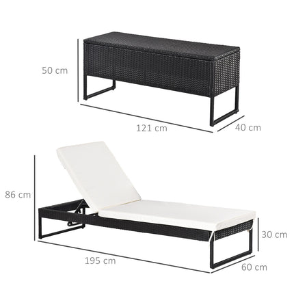 Adjustable sun lounger set: 3-piece, rattan & polyester, black/cream
