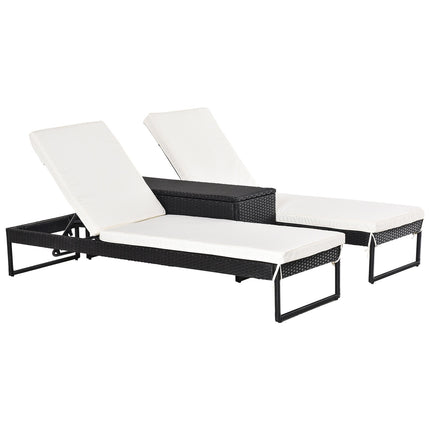 Adjustable sun lounger set: 3-piece, rattan & polyester, black/cream