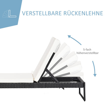 Adjustable sun lounger set: 3-piece, rattan & polyester, black/cream