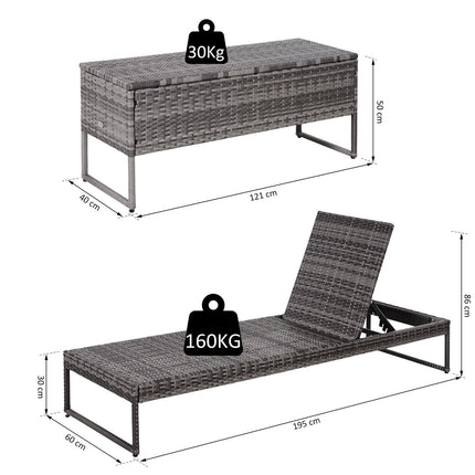 Sun lounger set, 3-piece - adjustable, gray rattan