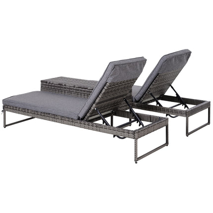 Sun lounger set, 3-piece - adjustable, gray rattan