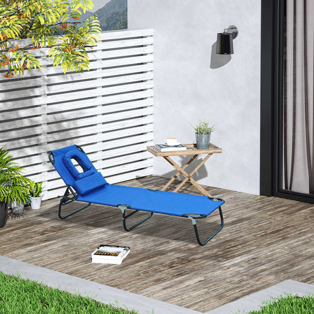 Blue garden sun lounger with face opening for relaxation