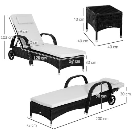 Sun lounger set of 3 - Poly rattan, black & cream garden furniture