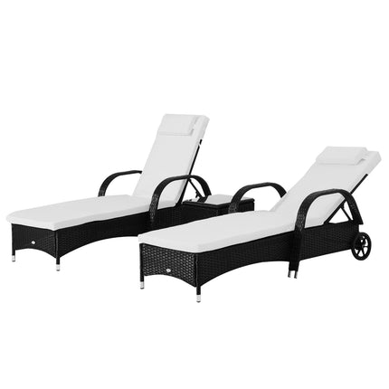 Sun lounger set of 3 - Poly rattan, black & cream garden furniture