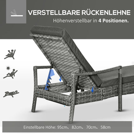 Adjustable rattan garden chair with cushion, Grey, 192 cm