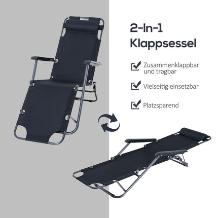 Folding sun lounger with cushion, metal frame, black