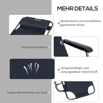 Folding sun lounger with cushion, metal frame, black