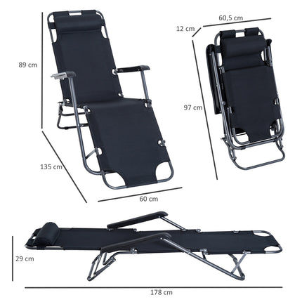Folding sun lounger with cushion, metal frame, black