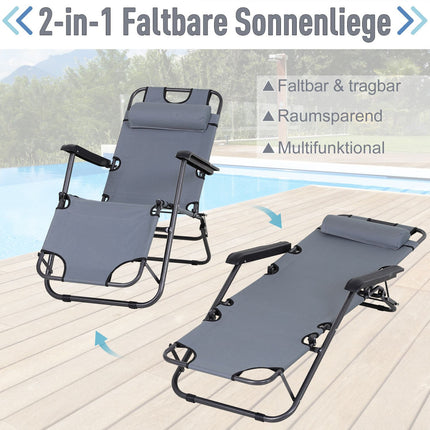 Folding sun lounger with cushion, metal & Oxford fabric, grey