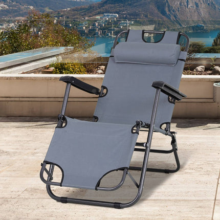 Folding sun lounger with cushion, metal & Oxford fabric, grey