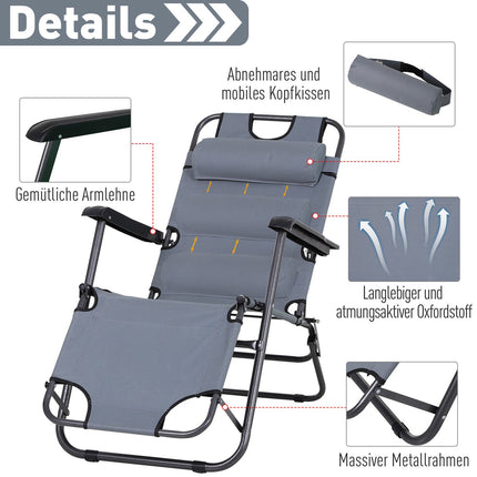 Folding sun lounger with cushion, metal & Oxford fabric, grey