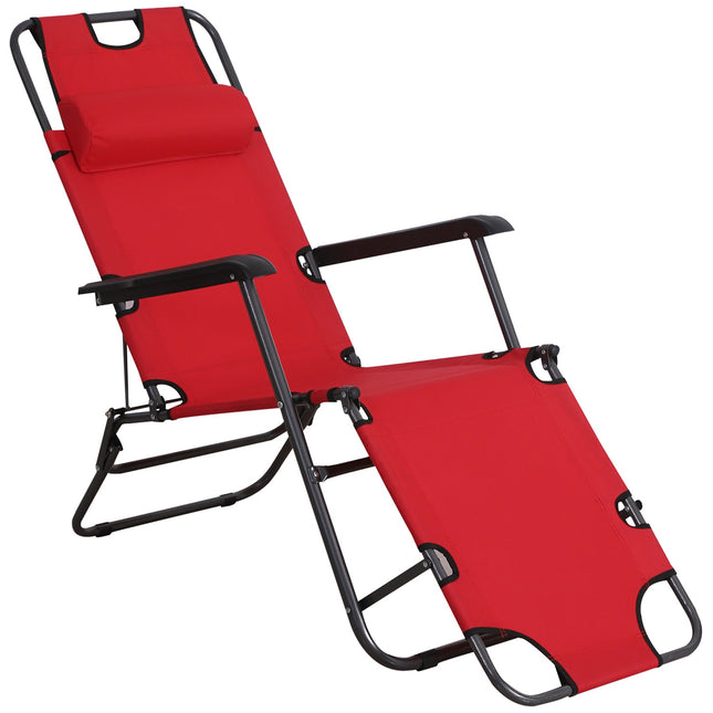 Folding sun lounger with cushion, metal frame, red fabric