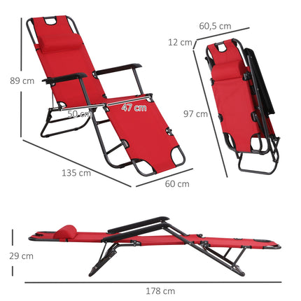 Folding sun lounger with cushion, metal frame, red fabric