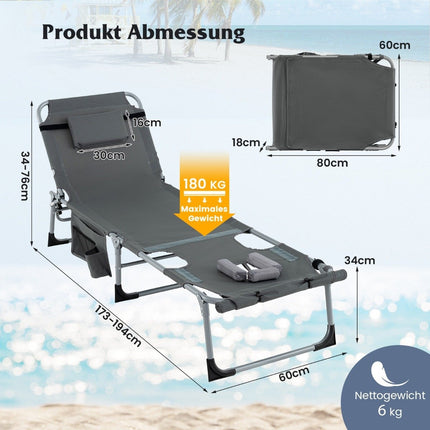 Sun Lounger with Face Opening & Adjustable Backrest & Footrest Foldable Garden Lounger Gray