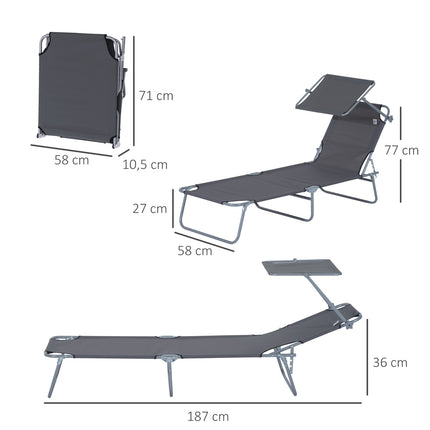 Folding sun lounger with sun protection, Gray - 187x58x36 cm