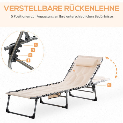 Folding sun lounger with cushion and adjustable backrest
