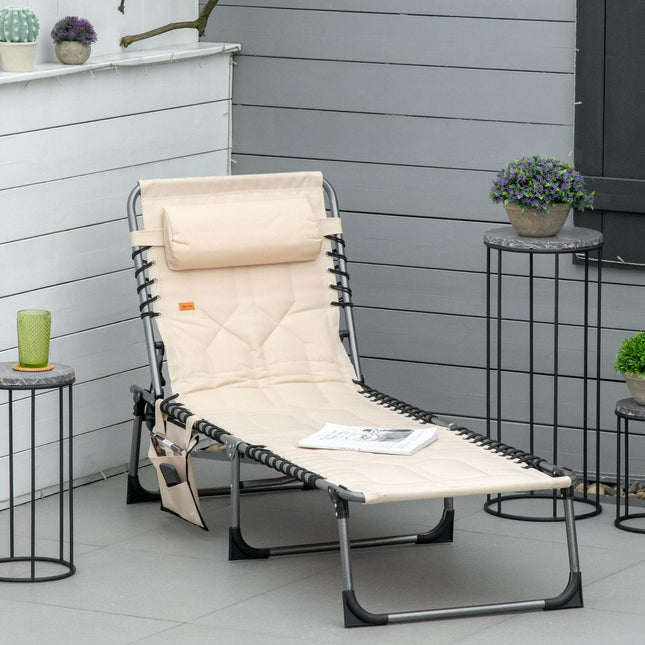 Folding sun lounger with cushion and adjustable backrest