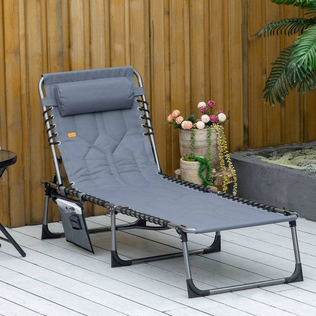 Folding sun lounger with cushion & side pocket, grey