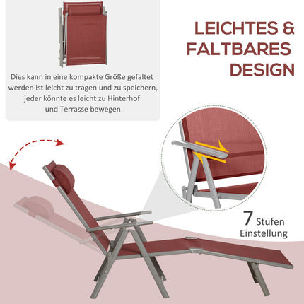 Adjustable sun lounger with cushion, burgundy, 137x63.5x100.5 cm