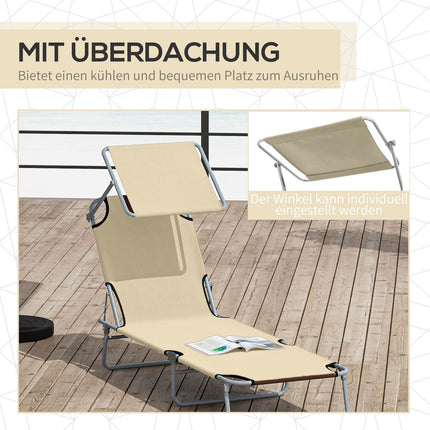 Folding deck chair with sun protection, Beige, 187x58x36 cm