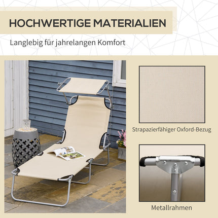 Folding deck chair with sun protection, Beige, 187x58x36 cm