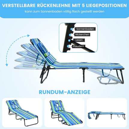 Sun lounger with face opening folding garden lounger with 3 removable cushions blue-green