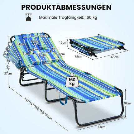 Sun lounger with face opening folding garden lounger with 3 removable cushions blue-green